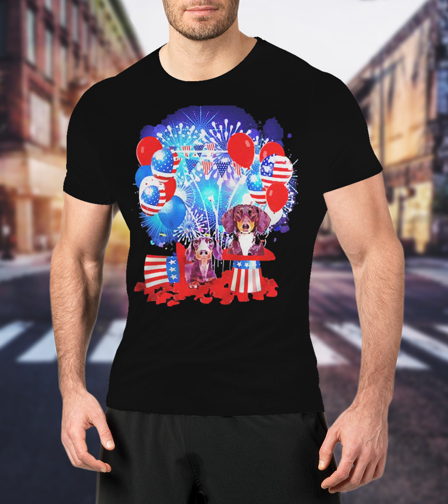 Dachshund American Flag Fireworks Balloons Independence Day T-Shirt