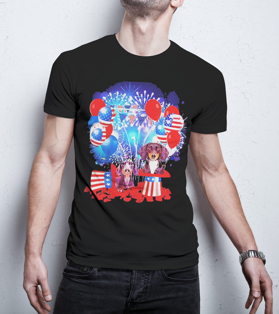 Dachshund American Flag Fireworks Balloons Independence Day T-Shirt