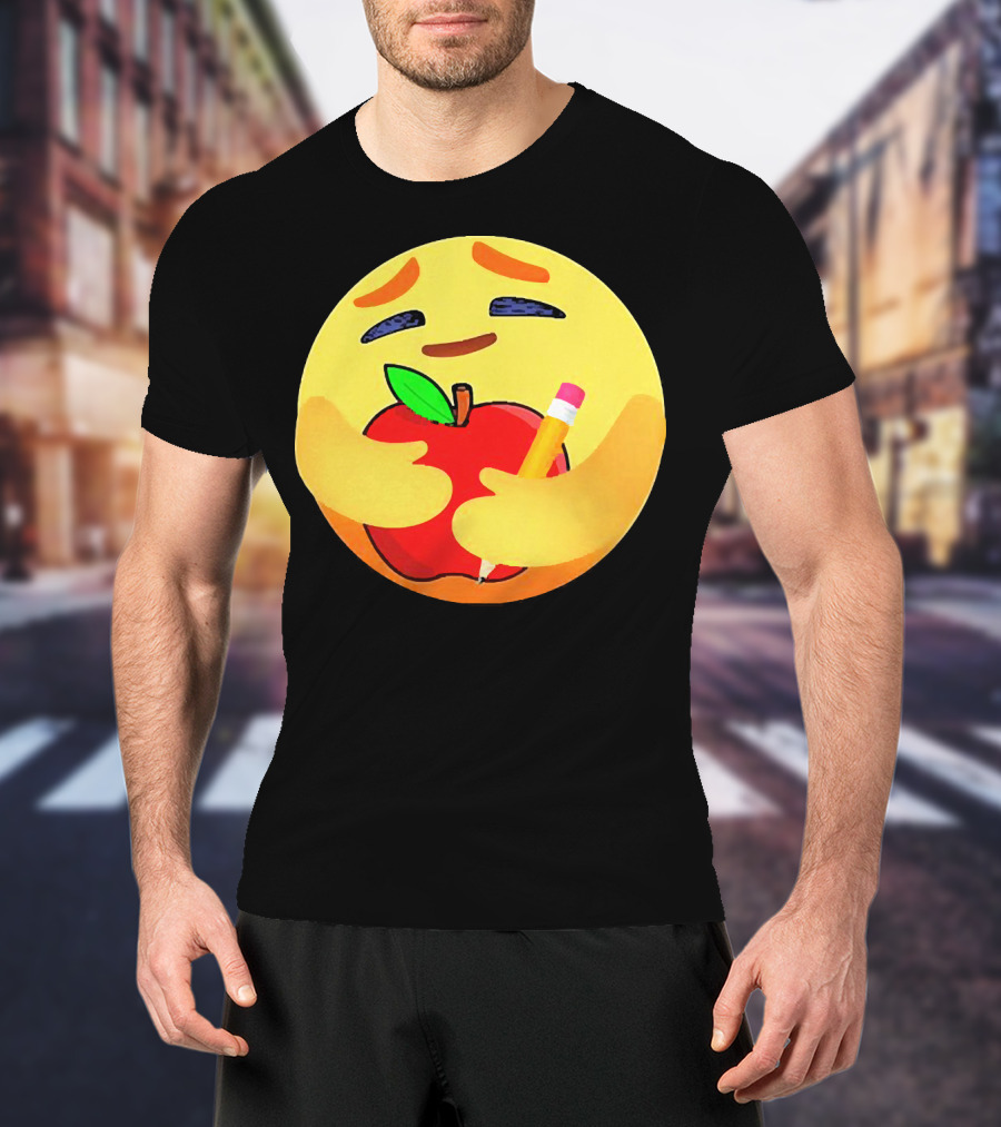 Teacher Care Emoji Hugging Apple And Pencil T-Shirt