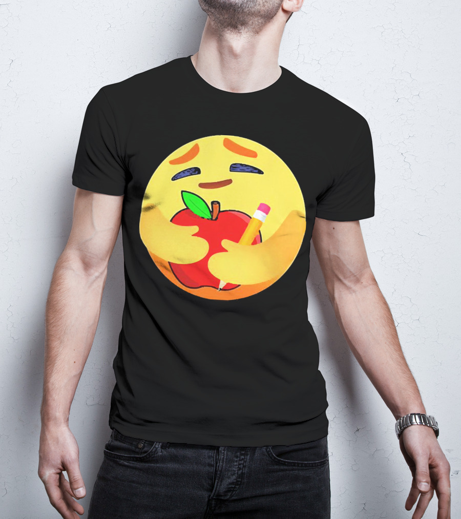 Teacher Care Emoji Hugging Apple And Pencil T-Shirt