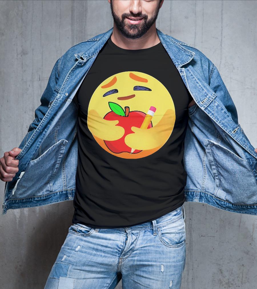 Teacher Care Emoji Hugging Apple And Pencil T-Shirt