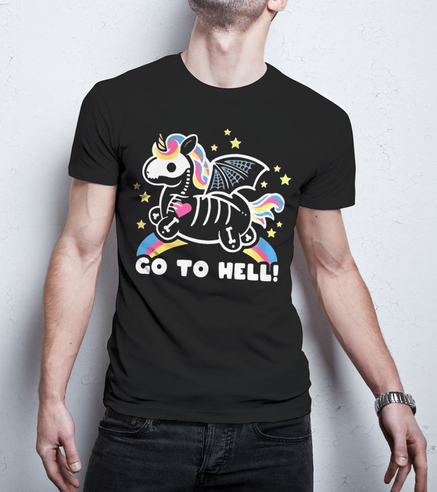 Unicorn Go To Hell Colorful Skeleton Bat Wings Rainbow Stars T-Shirt