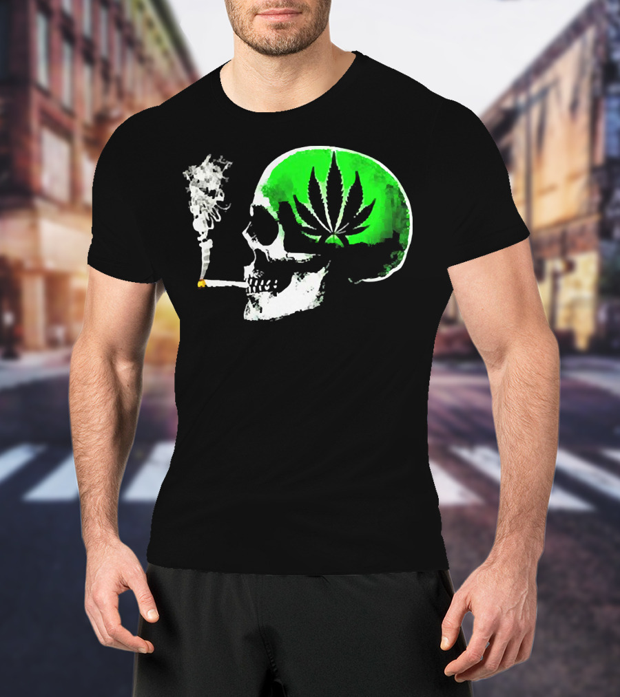 Weed Leaves Skull Smoking Joint Green Marijuana T-Shirt