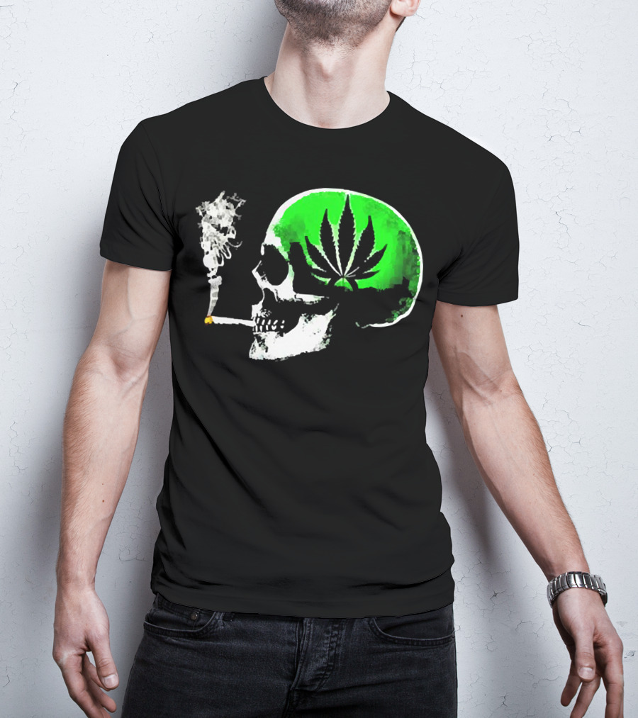 Weed Leaves Skull Smoking Joint Green Marijuana T-Shirt