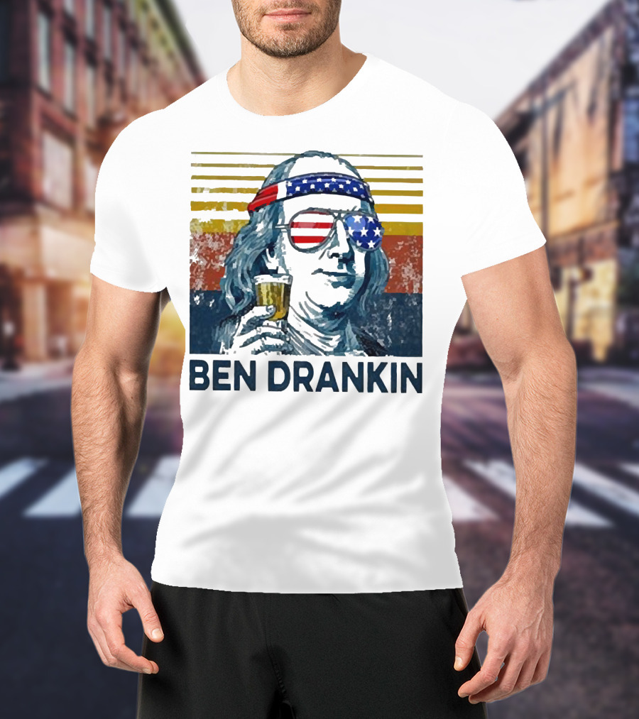Ben Drankin Beer American Flag Sunglasses Patriotic Benjamin Franklin T-Shirt