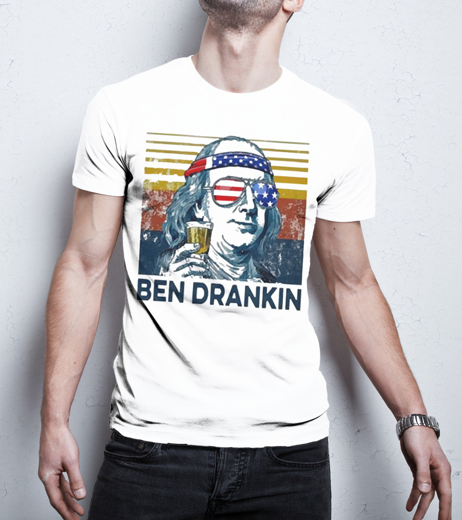 Ben Drankin Beer American Flag Sunglasses Patriotic Benjamin Franklin T-Shirt