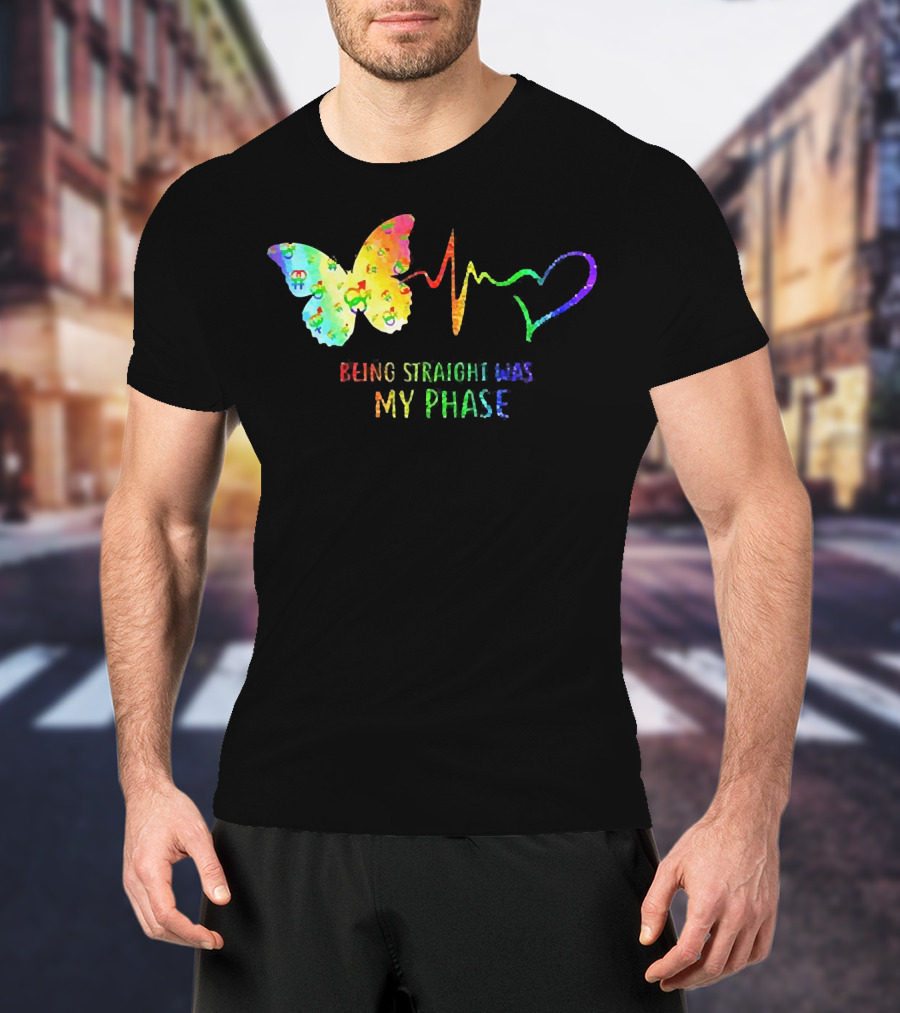 Being Straight Was My Phase Heartbeat Butterfly Rainbow T-Shirt