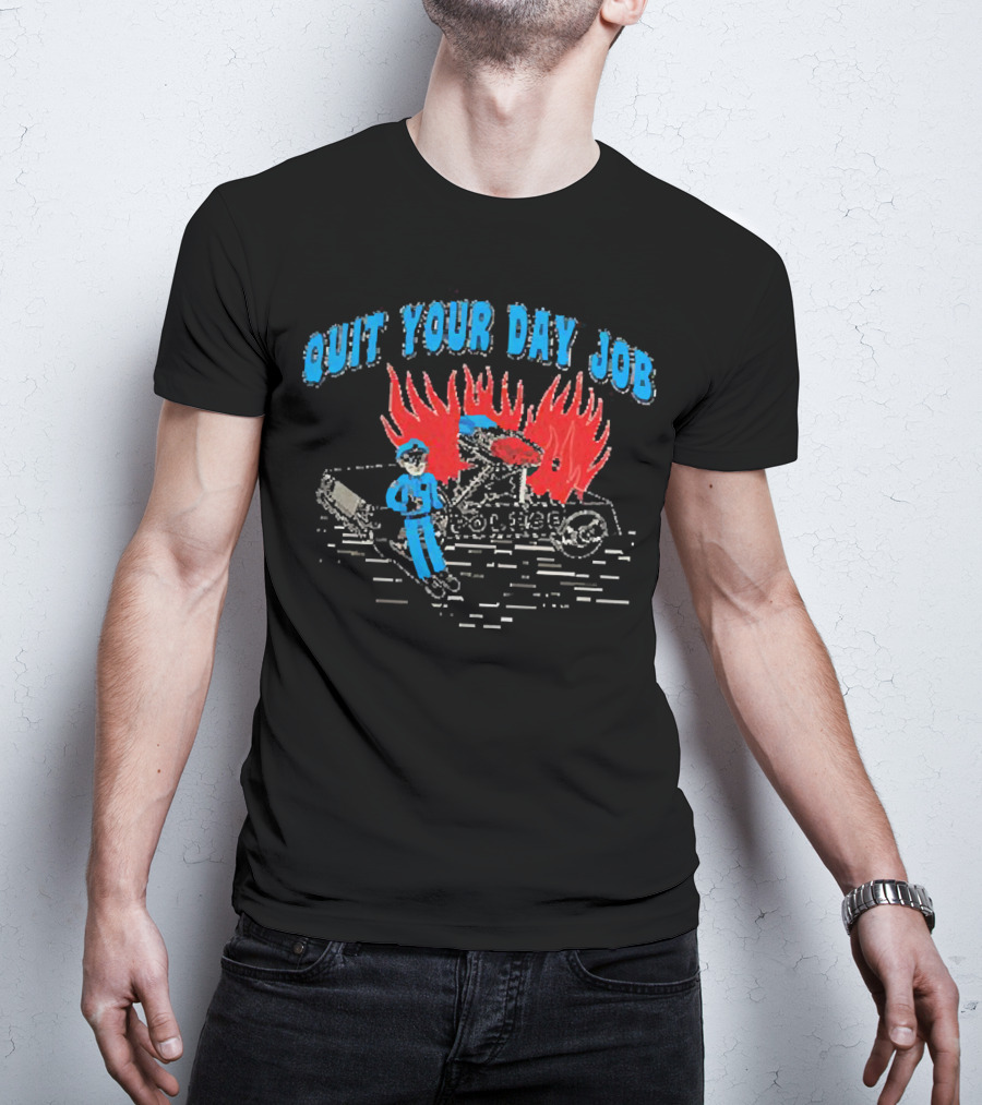 Police Quit Your Day Job Flaming Car Drawing T-Shirt
