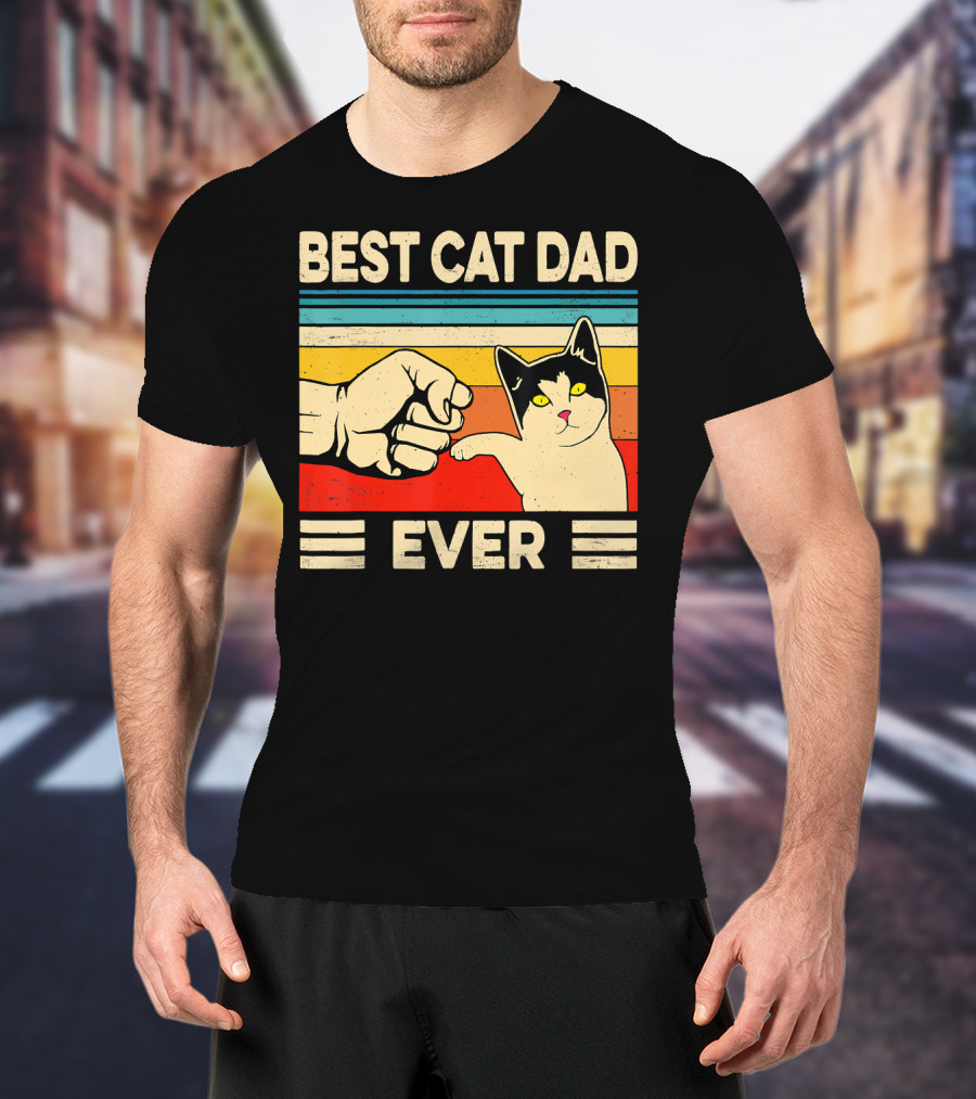 Best Cat Dad Ever Fist Bump Retro Cat T-Shirt