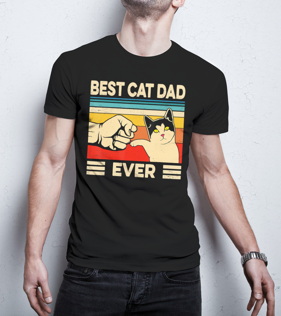 Best Cat Dad Ever Fist Bump Retro Cat T-Shirt