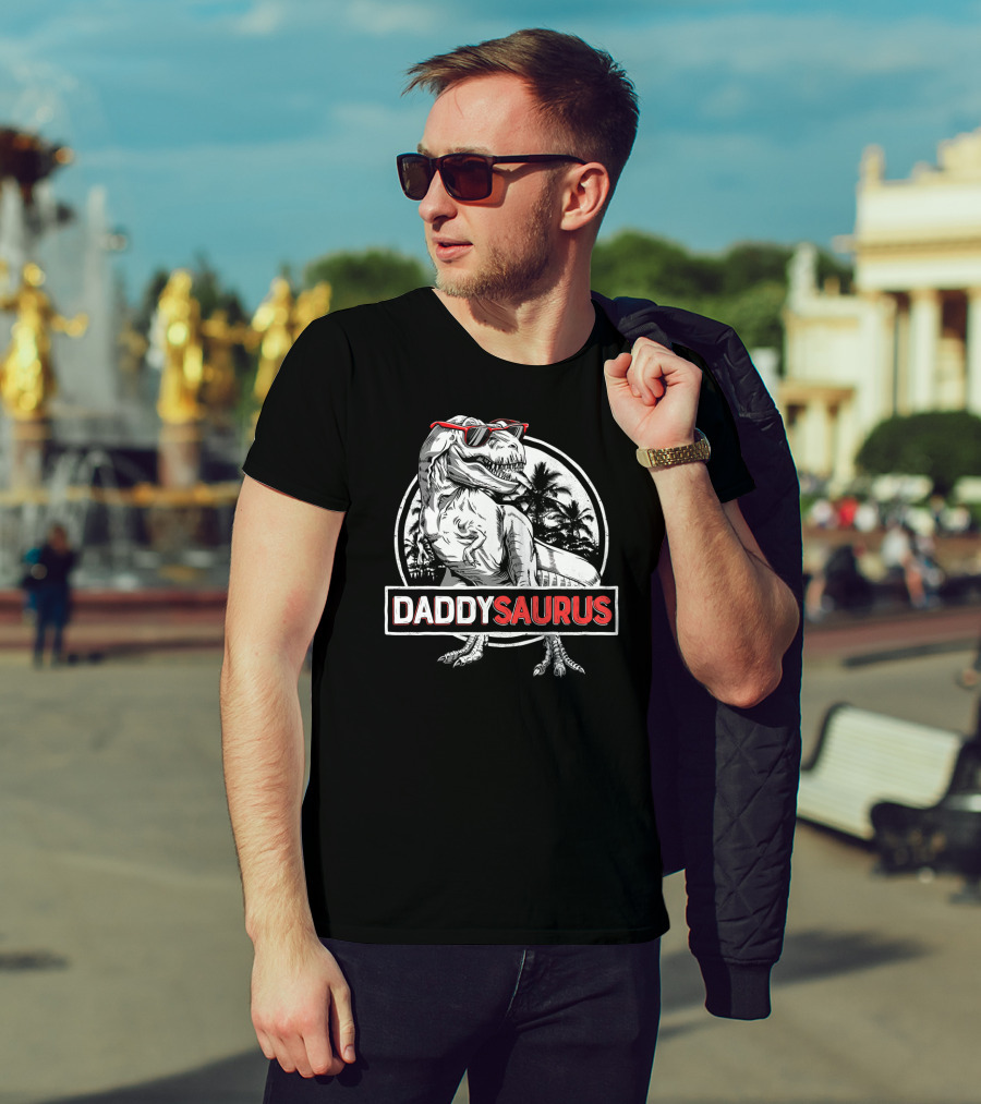 Daddysaurus Rex Daddy Saurus Dinosaur With Sunglasses And Palm Trees T-Shirt