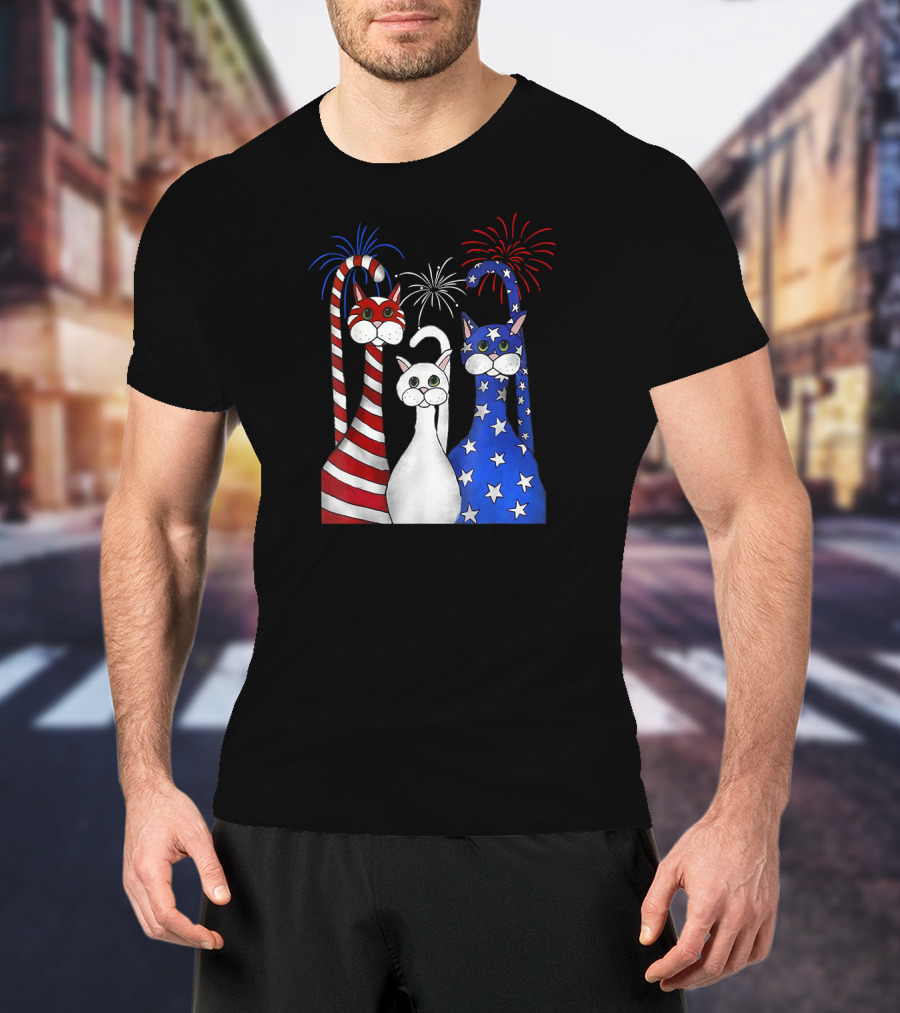 Patriotic Cats American Flag Paws USA Fireworks T-Shirt