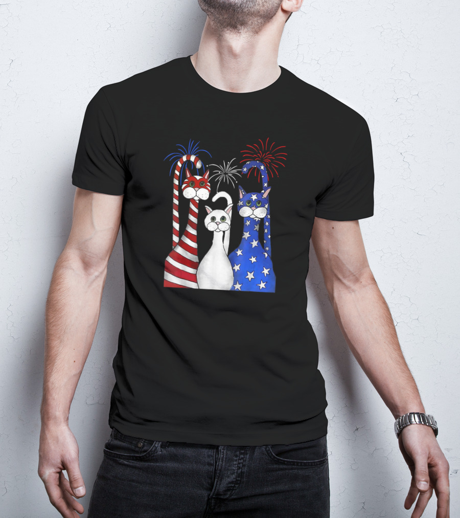 Patriotic Cats American Flag Paws USA Fireworks T-Shirt