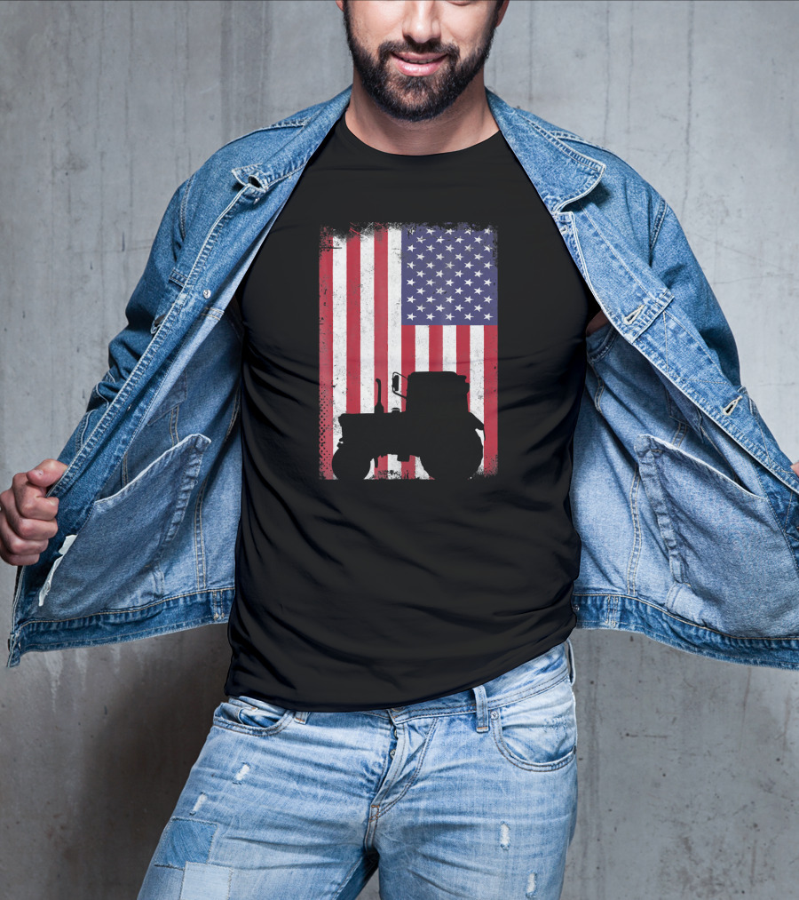 Patriotic American Flag With Vintage Tractor Farming T-Shirt