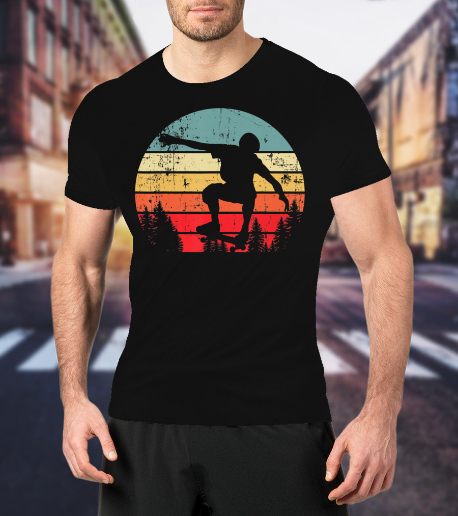 Trick Move Retro Vintage Skateboarder Silhouette Forest Sunset T-Shirt