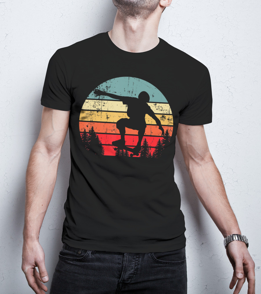 Trick Move Retro Vintage Skateboarder Silhouette Forest Sunset T-Shirt