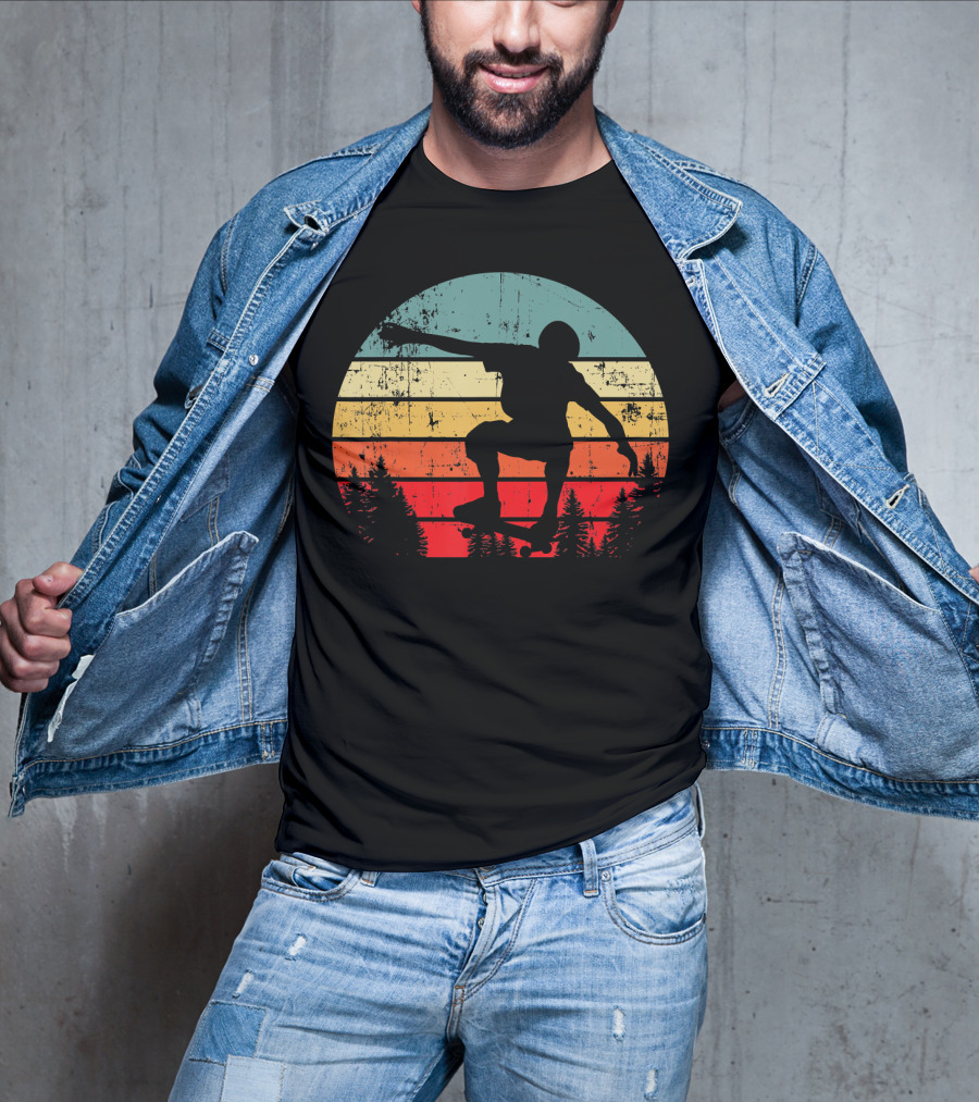 Trick Move Retro Vintage Skateboarder Silhouette Forest Sunset T-Shirt