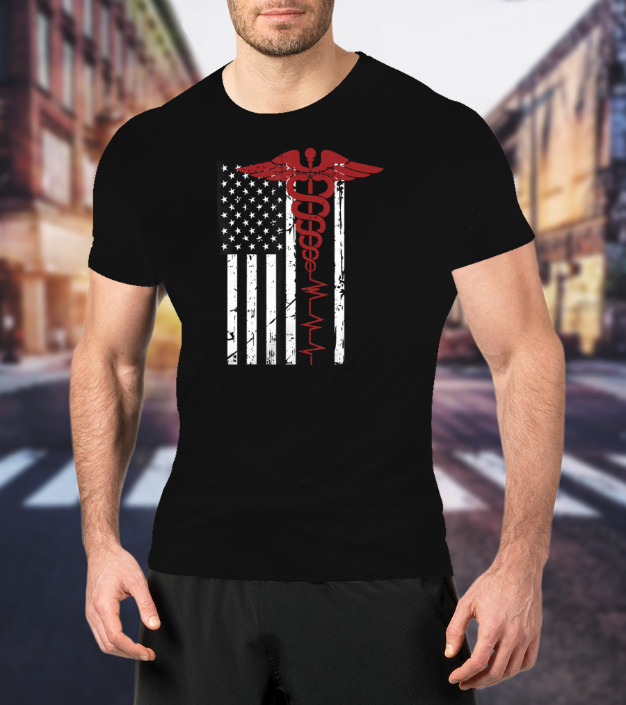 USA Flag Caduceus Medical Symbol Black Patriotic Nurse T-Shirt