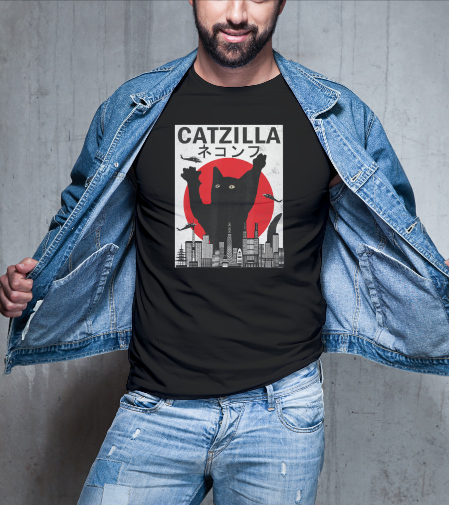 Catzilla Japanese Sunset Style Cat With Helicopter And Skyline Elements T-Shirt