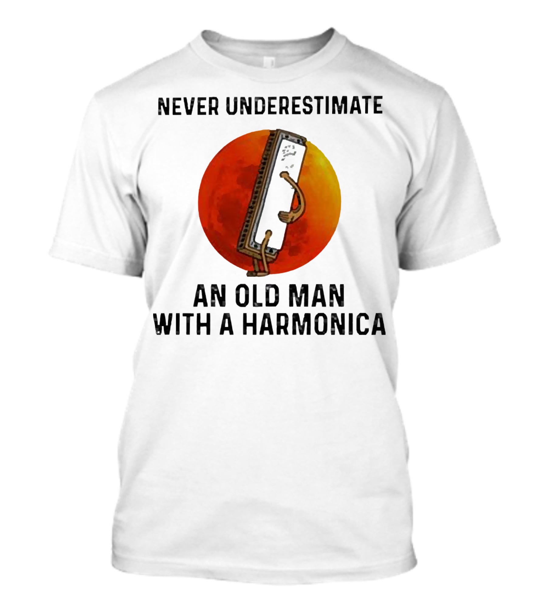 Never Underestimate An Old Man With A Harmonica Sunset Background T-Shirt