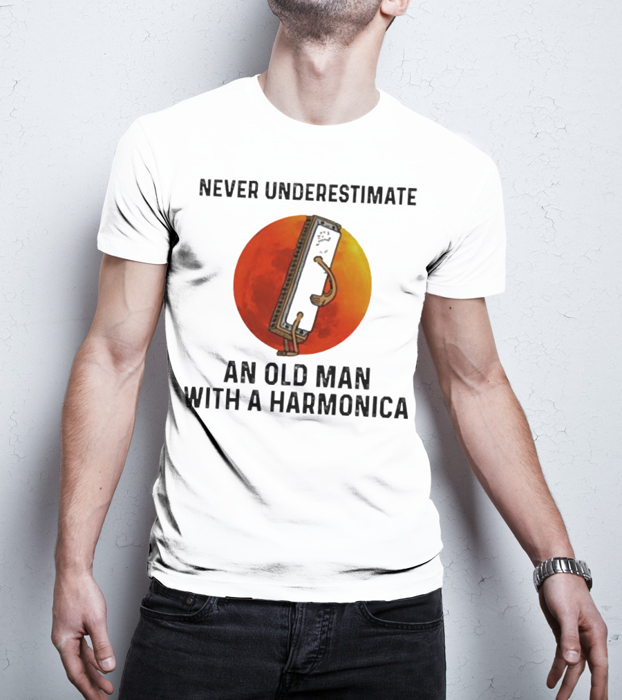 Never Underestimate An Old Man With A Harmonica Sunset Background T-Shirt