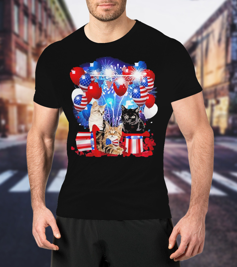 Cats Fireworks Balloons America Flag Happy Independence Day T-Shirt