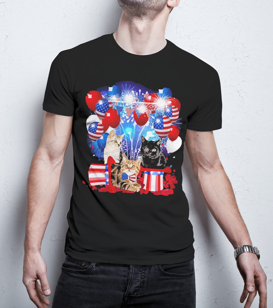 Cats Fireworks Balloons America Flag Happy Independence Day T-Shirt