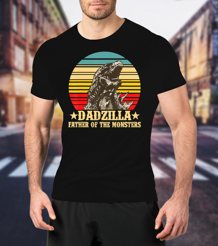 Dadzilla Father Of The Monsters Dinosaur Retro Sunset Stripe T-Shirt