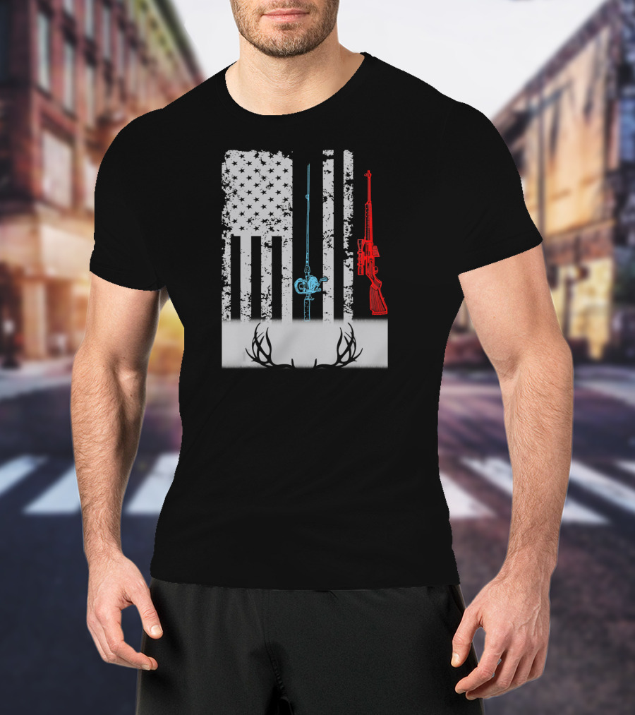 American Flag Fishing Rod Rifle Antlers T-Shirt