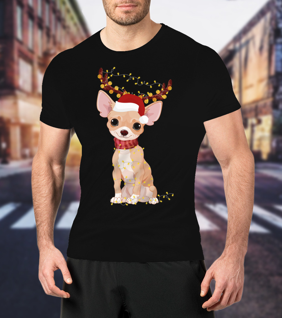 Chihuahua With Santa Hat Reindeer Antlers Christmas Lights Noel T-Shirt