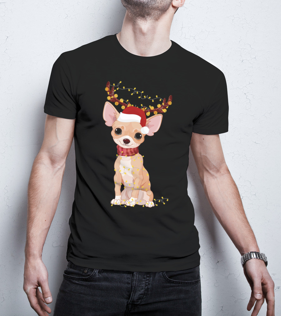Chihuahua With Santa Hat Reindeer Antlers Christmas Lights Noel T-Shirt