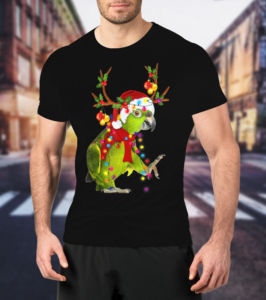 Cockatoo Parrot Reindeer Antlers Christmas Lights Santa Hat T-Shirt