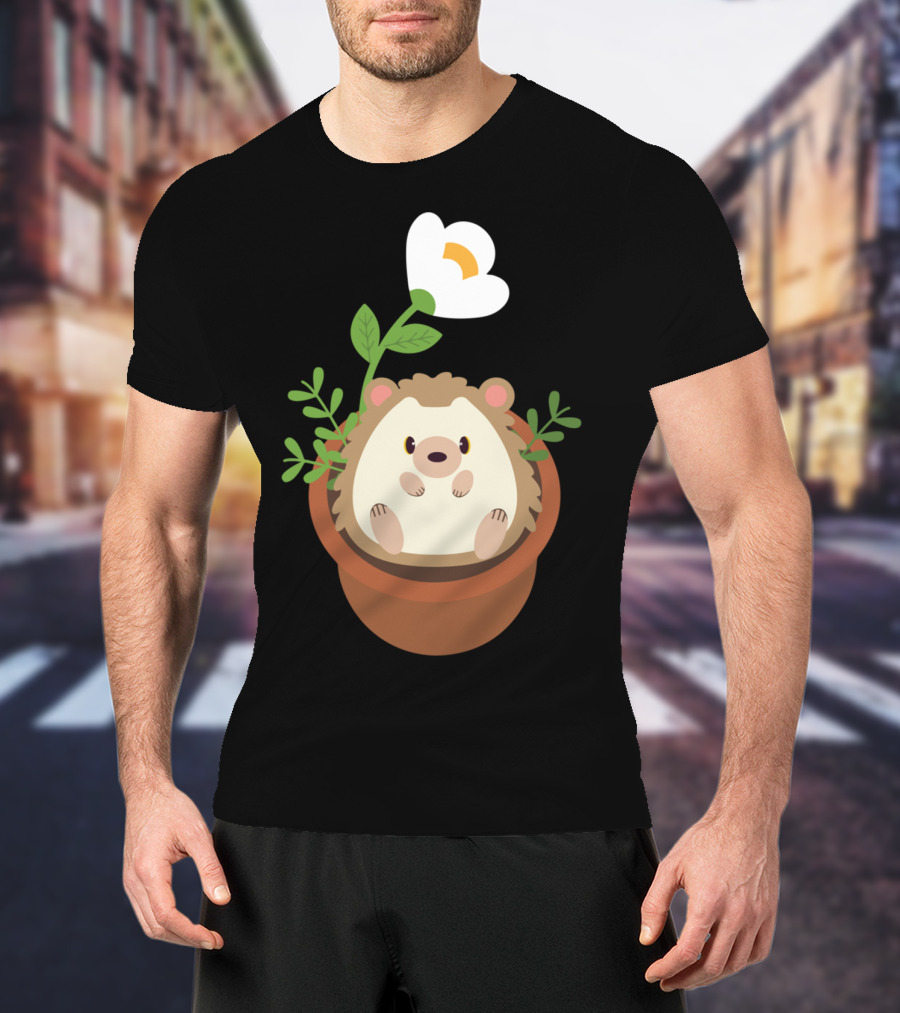 Cute Hedgehog Sitting In Flowering Plant Pot T-Shirt