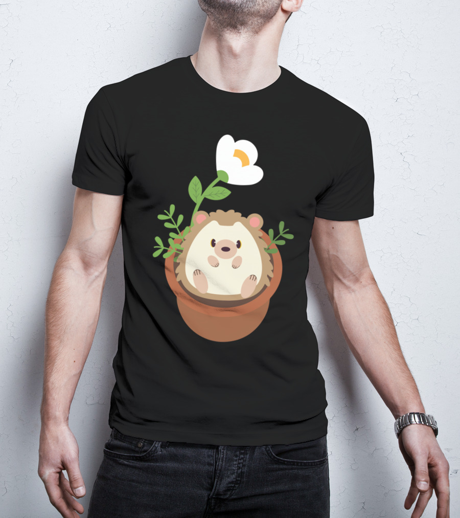 Cute Hedgehog Sitting In Flowering Plant Pot T-Shirt