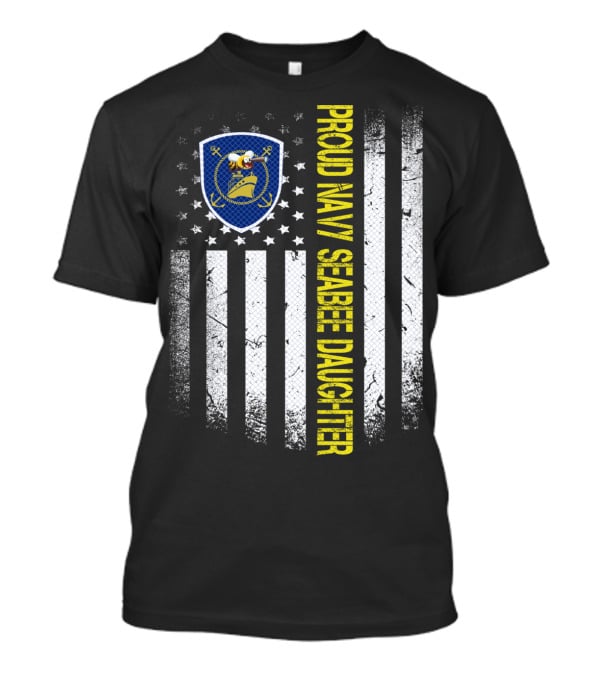 Proud Navy Seabee Daughter Black And White American Flag With Seabee Emblem T-Shirt