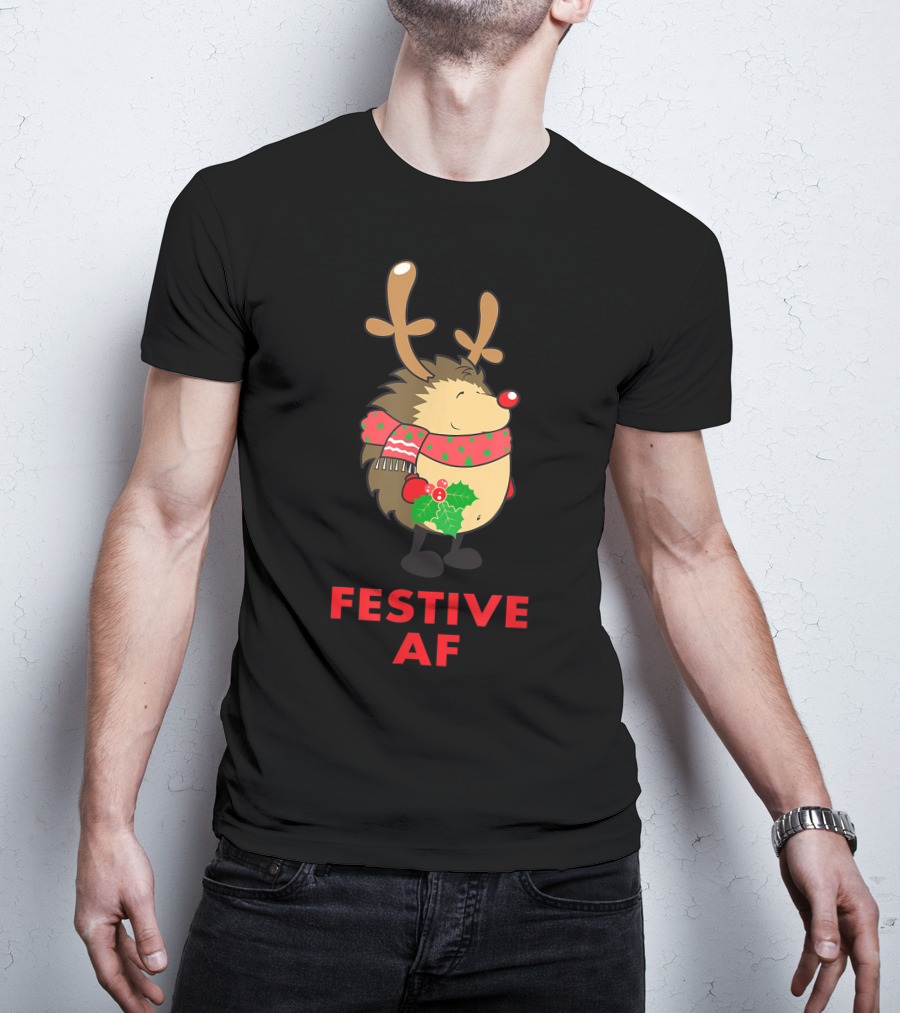Festive AF Christmas Hedgehog With Scarf And Antlers T-Shirt