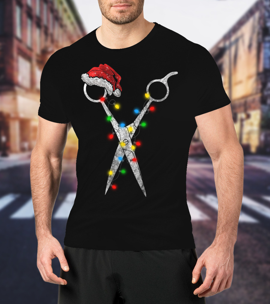 Funny Christmas Scissor Hairstylist Santa Hat Lights T-Shirt