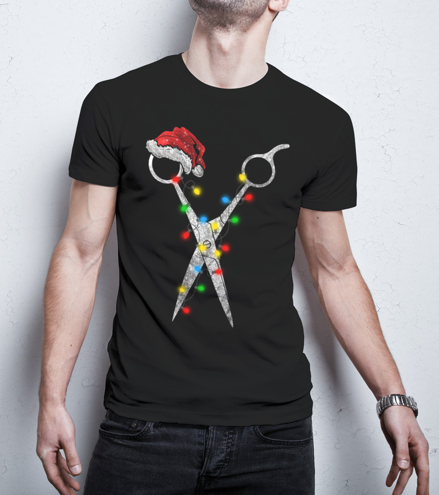Funny Christmas Scissor Hairstylist Santa Hat Lights T-Shirt