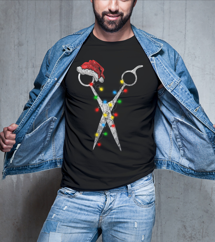Funny Christmas Scissor Hairstylist Santa Hat Lights T-Shirt