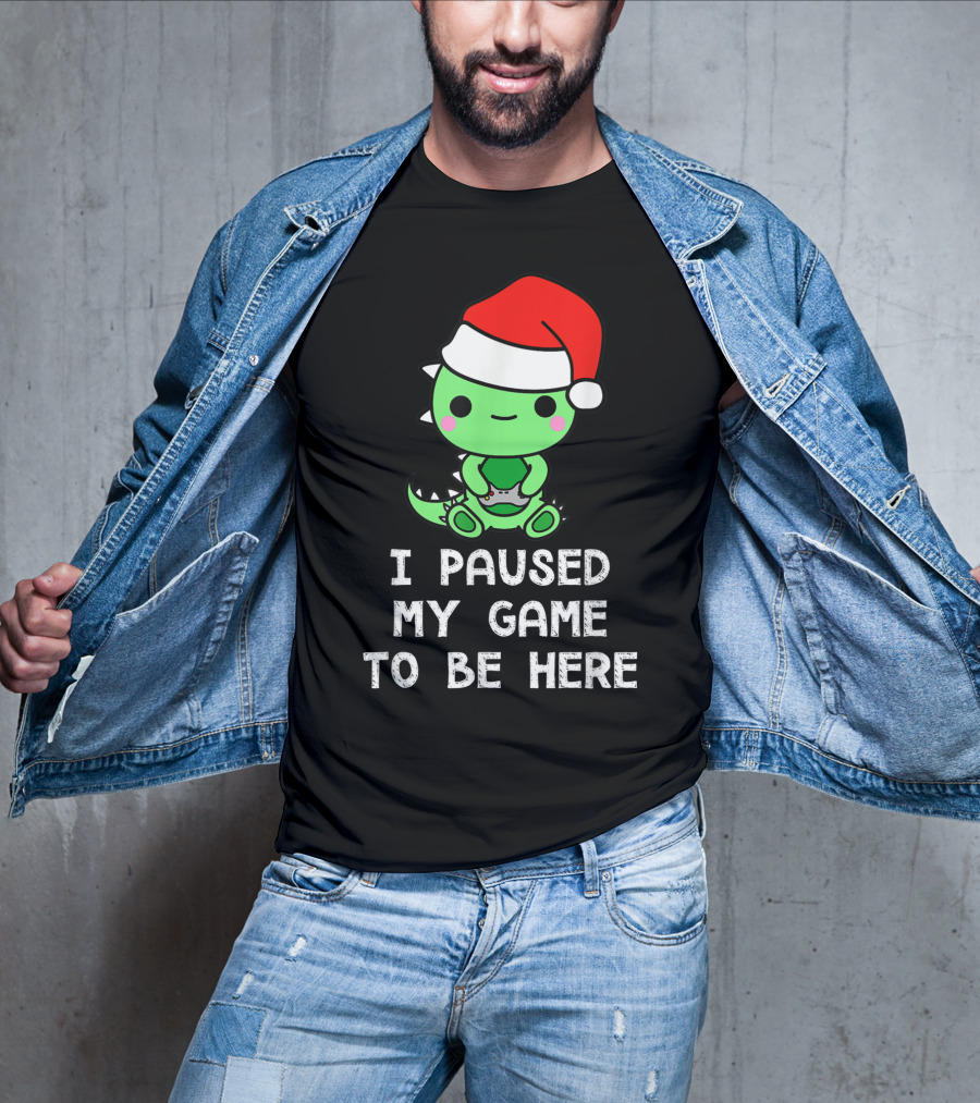 I Paused My Game To Be Here Christmas Dinosaur Gamer Santa Hat T-Shirt