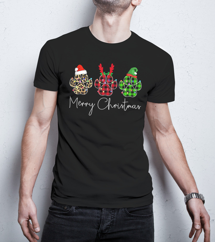 Merry Christmas Paw Dogs With Santa Hat Reindeer Antlers And Elf Hat T-Shirt