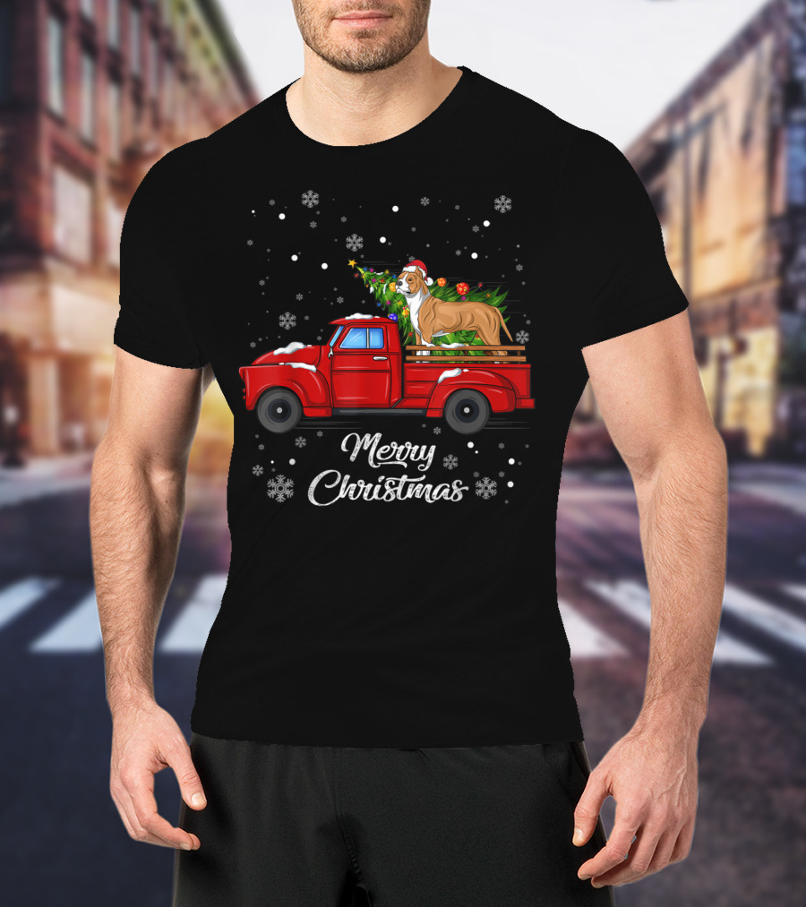 Merry Christmas Pitbull In Red Truck With Christmas Tree And Snowflakes T-Shirt