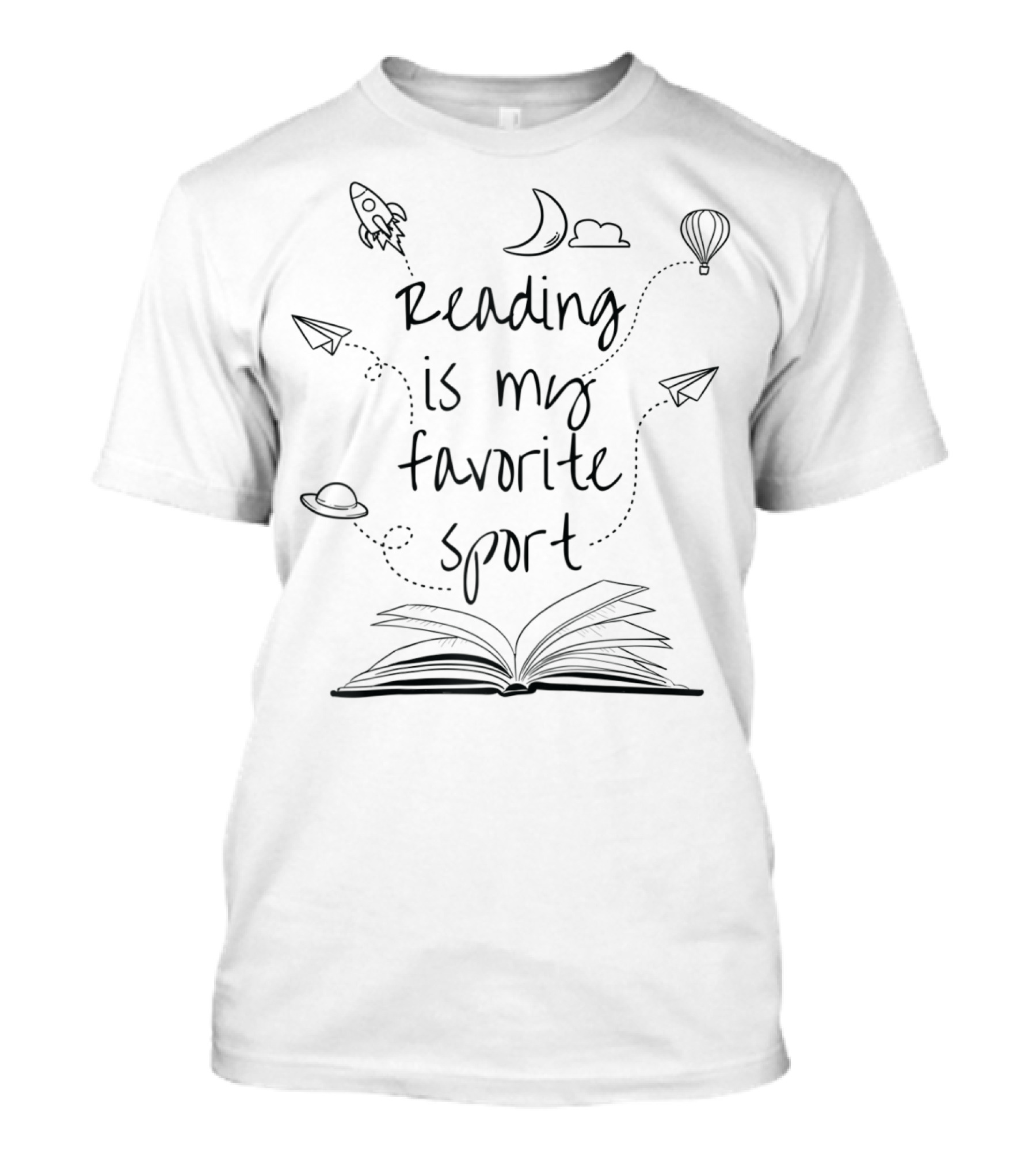 Reading Is My Favorite Sport Funny Reader Book With Rocket Moon Cloud Hot Air Balloon Paper Airplanes And Open Book T-Shirt
