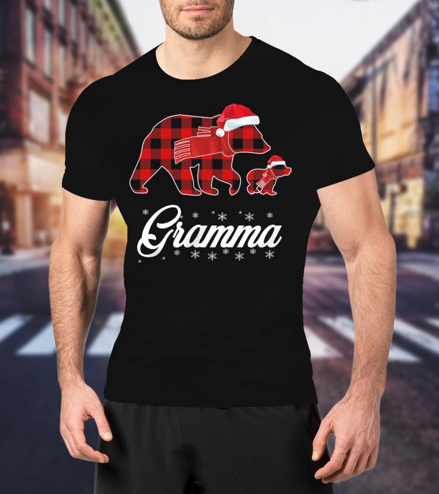 Gramma Bear Red Plaid Buffalo Check Santa Hat Snowflakes T-Shirt