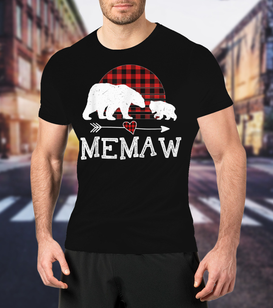 Memaw Bear With Red Plaid Buffalo Check And Heart Arrow T-Shirt