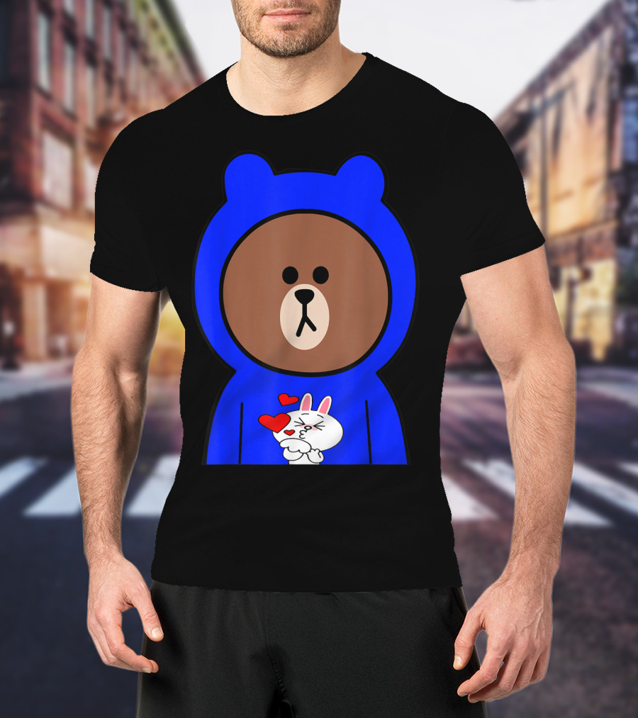 Brown Bear In Blue Hoodie With Cony Bunny Love Hearts T-Shirt