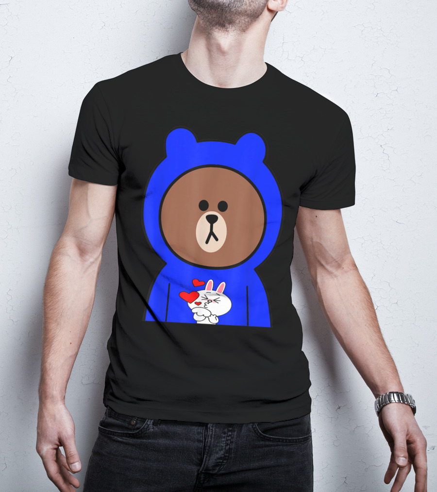 Brown Bear In Blue Hoodie With Cony Bunny Love Hearts T-Shirt