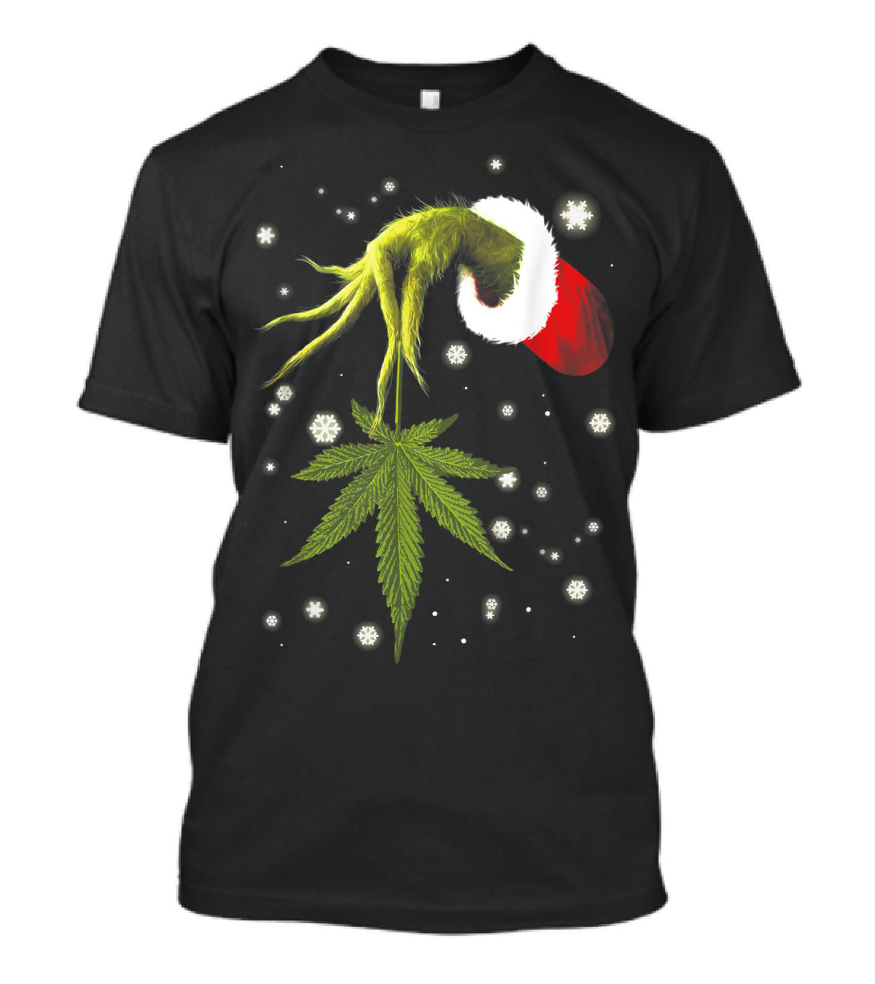 Grinch Hand Holding Cannabis Leaf With Santa Hat And Snowflakes T-Shirt