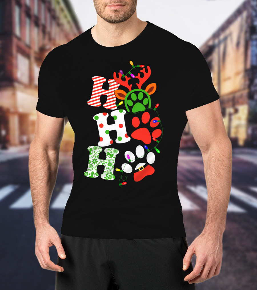 Ho Ho Ho Christmas Dog Paw Santa Lights Reindeer Antlers T-Shirt