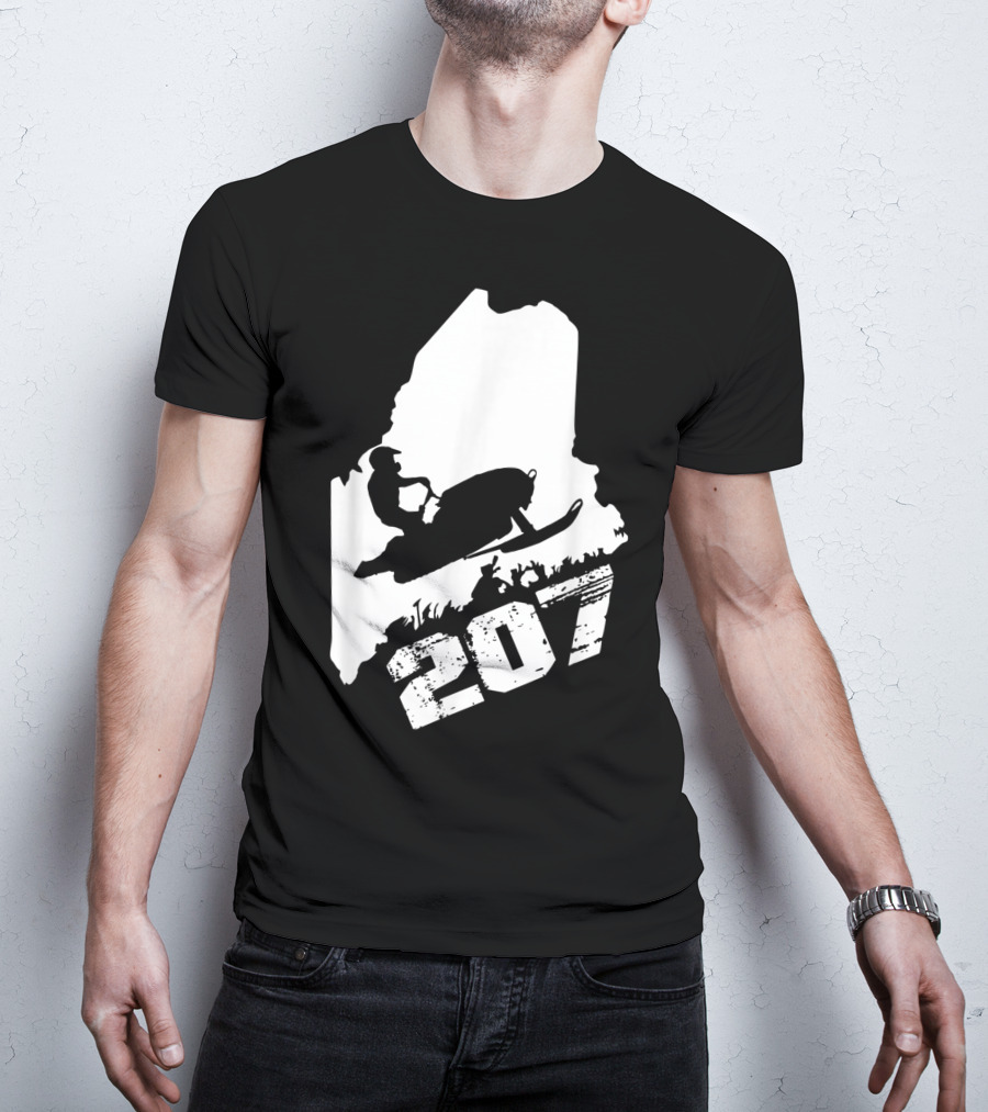 Maine 207 Snowmobile Silhouette In State Outline T-Shirt